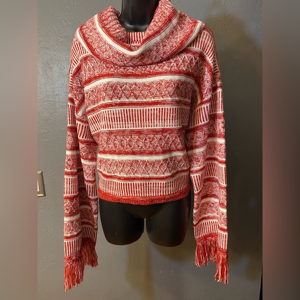 SHEIN Red/Rust and Cream Cropped Fringe Sweater
